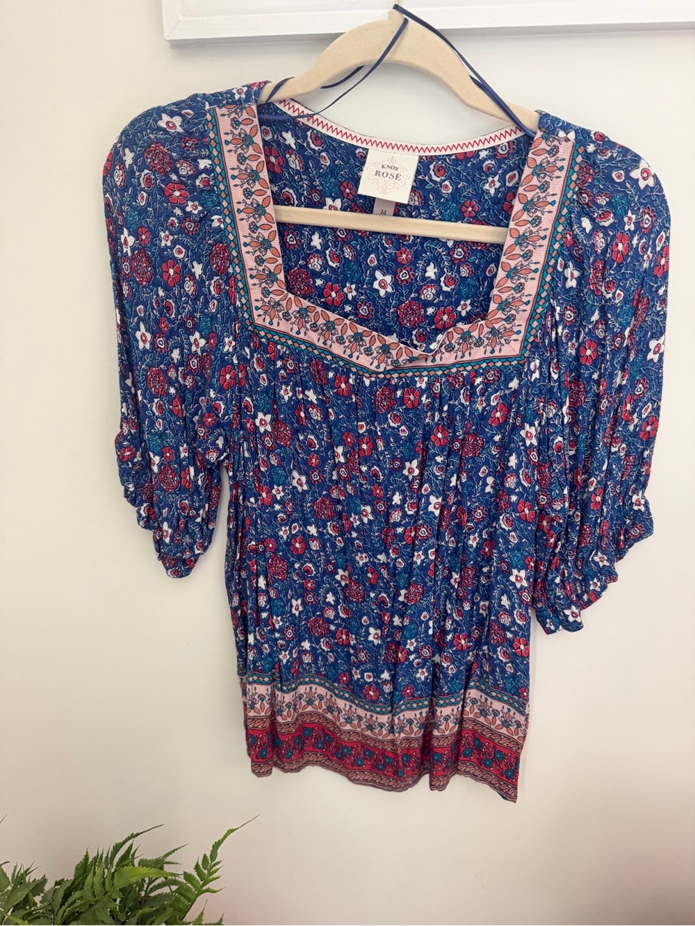 Knox Rose Navy Floral Square-Neck Peasant Blouse